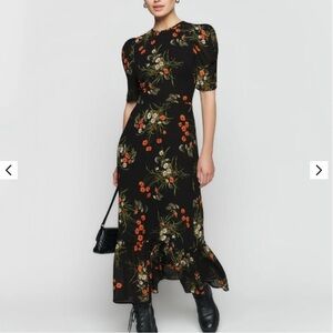 Reformation Black Midi Dress with Orange Floral Pattern